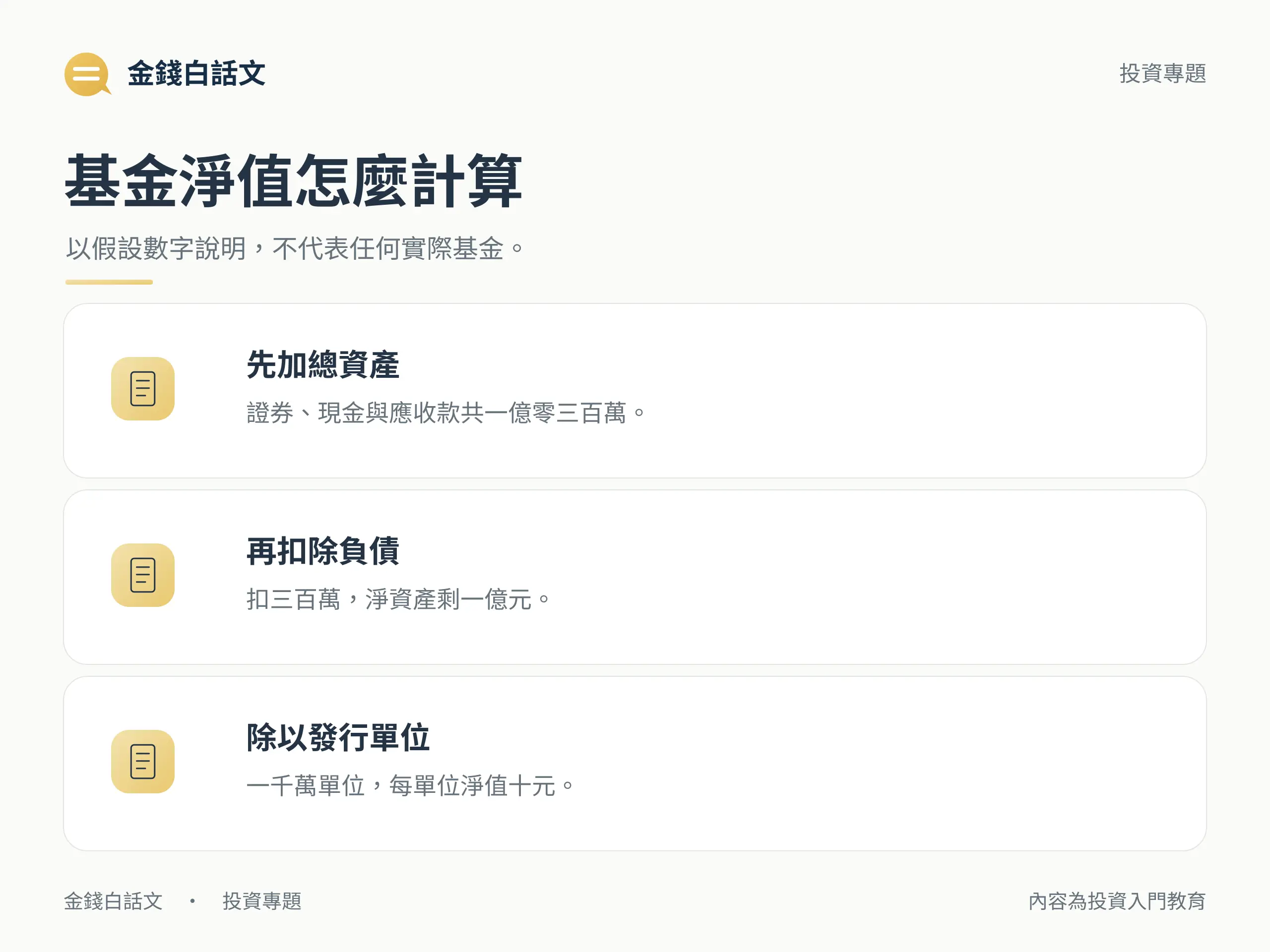 基金淨值怎麼計算:以假設數字說明,不代表任何實際基金。