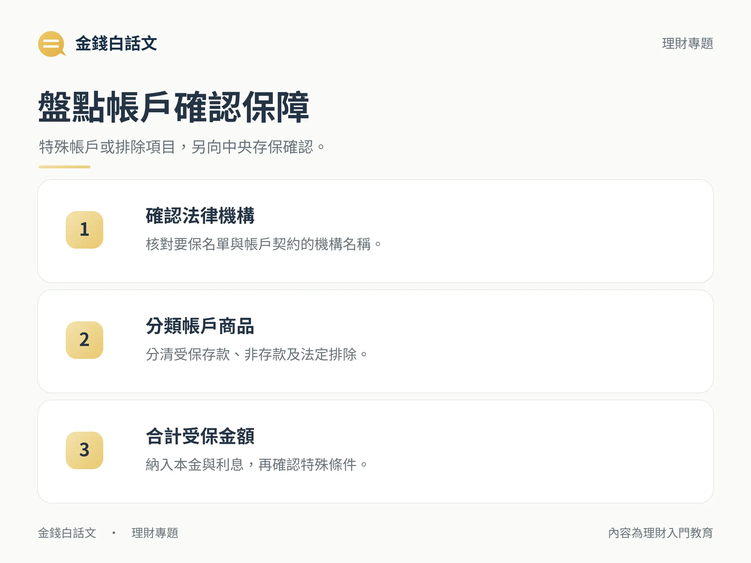 盤點帳戶確認保障：特殊帳戶或排除項目，另向中央存保確認。