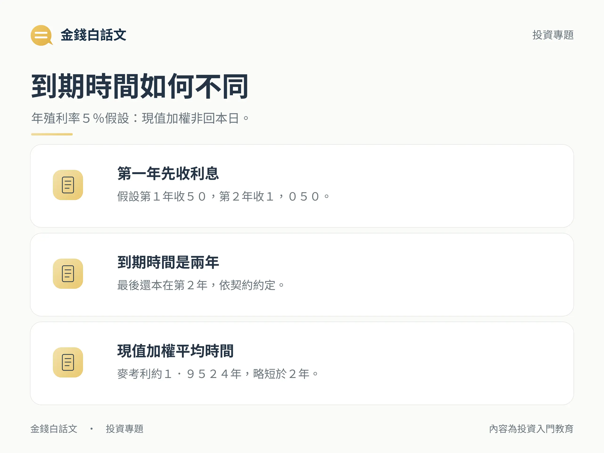 年殖利率5%的固定付息假設：第一年收50、第二年收1050，到期兩年與現值加權約1.9524年分開判讀