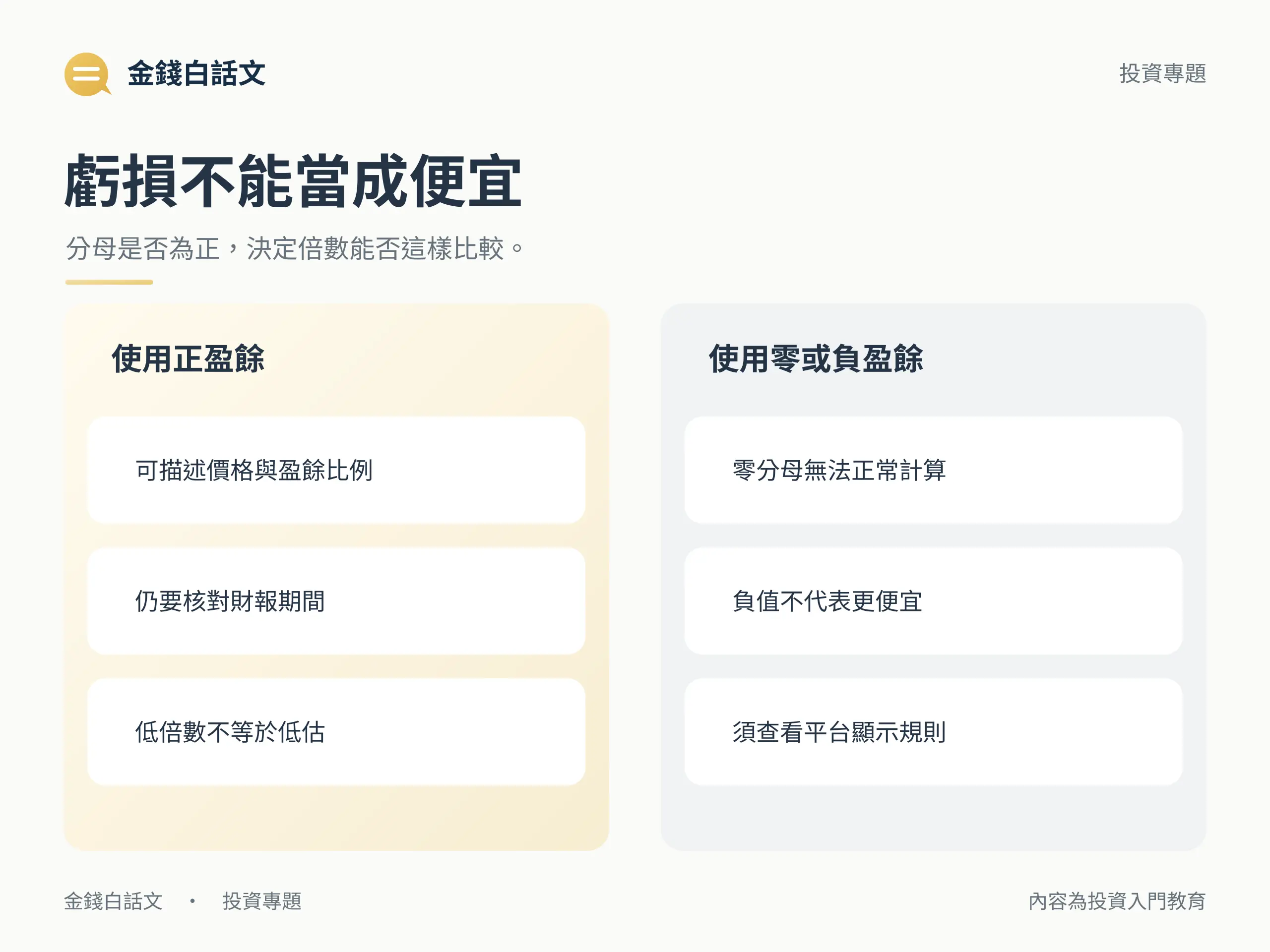 虧損不能當成便宜:分母是否為正,決定倍數能否這樣比較。