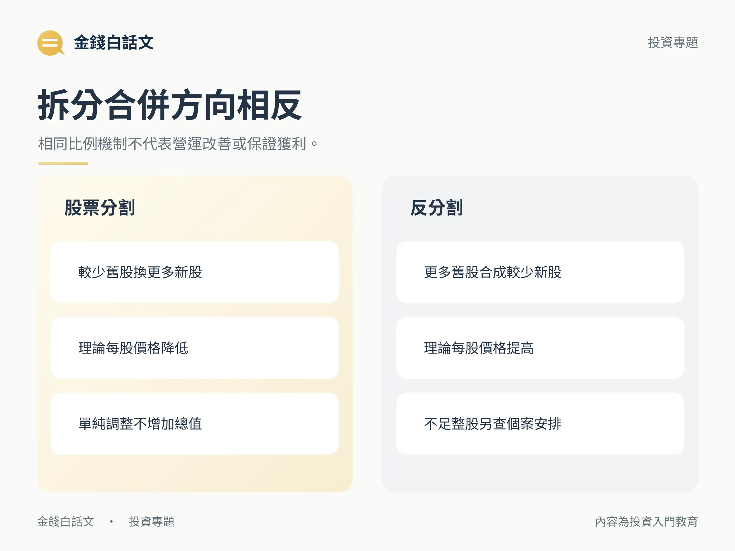 股票分割與反分割的股數及理論單價方向比較